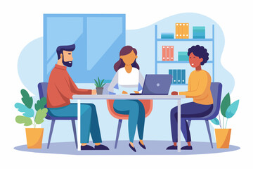 People Sitting at a Table With a Laptop, people had a business meeting at the office, Business people working in the office, Team brainstorming flat vector Illustration