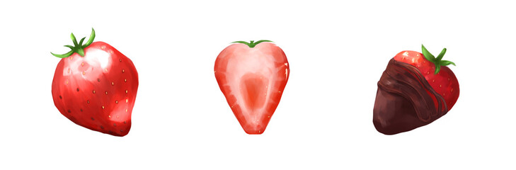 set of three red juicy strawberries