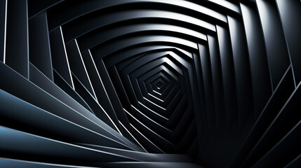 Abstract vector triangle spiral on dark background, black and gray white lines, isometric...
