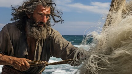 Roman fisherman in rough tunic casting net into turbulent waters - obrazy, fototapety, plakaty