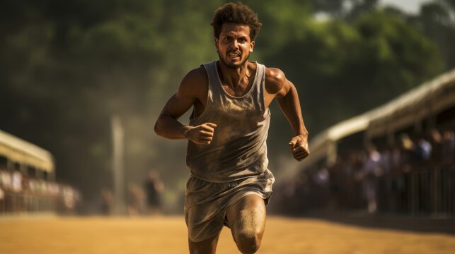 Roman athlete in subligaculum sprinting in thrilling footrace