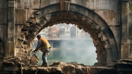 Roman laborer in tunica constructing magnificent Roman arch spanning river - obrazy, fototapety, plakaty