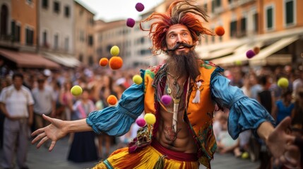 Roman street performer in colorful attire entertaining crowd with juggling