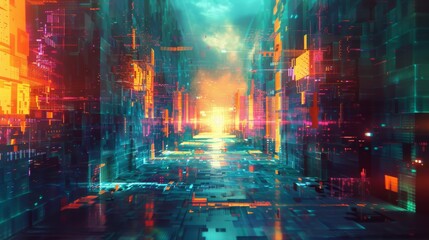Digital Dreamscape, Pixelated cubes and digital matrices, Electric teal, pink, and orange, Mirrored holographic surfaces, Glowing data streams and digital effects, Glitch art