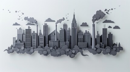 Papercut art of a city skyline powered by fossil fuels, with smog and smoke rising from buildings crafted from dark paper.