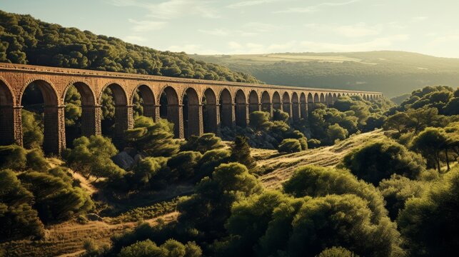 Grand Roman aqueduct stretching across picturesque landscape