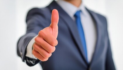 Confident professional in a blue suit giving a thumbs-up, symbolizing approval and success.