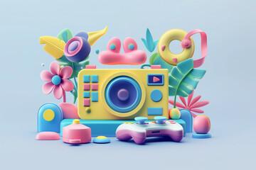 3D of a camera, gamepad, and other colorful objects