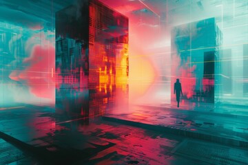 Digital Dreamscape, Pixelated cubes and digital matrices, Electric teal, pink, and orange, Mirrored holographic surfaces, Glowing data streams and digital effects, Glitch art