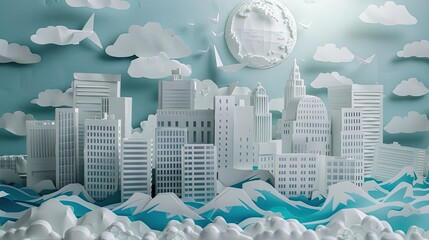 Papercut art of a cityscape with buildings surrounded by rising paper water levels and extreme heat waves, showing climate change effects.