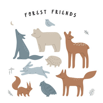 Cute gorest animals. Isolated vector illustration. Scandinavian style, minimalistic wall print design, kids book cipart.