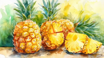 Bright watercolor of ripe pineapples with a single slice removed, the contrast of yellow fruit and dark green leaves creating a vivid scene