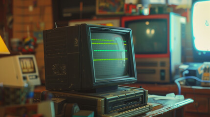 An old video game console is playing an 80s arcade game, the loading screen shows a green progress bar moving as the player waits to start a new level.
