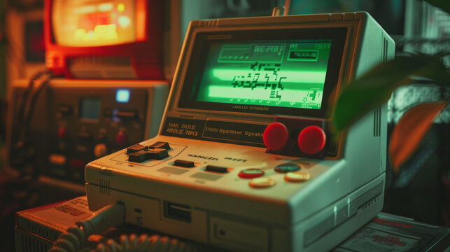 An old video game console is playing an 80s arcade game, the loading screen shows a green progress bar moving as the player waits to start a new level.