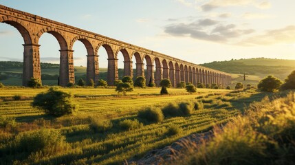 Roman aqueduct's monumental arches in sun-drenched countryside - Powered by Adobe
