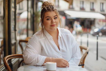 Portrait of a beautiful young plus size woman sitting in a cafe and drinking coffee. Woman in cafe