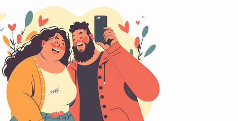 Happy Couple Taking Selfie Photo on Smartphone. Body positive concept  Banner with copy space.