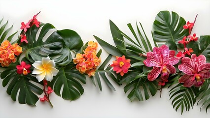 Tropical Floral Garland on a White Background. Concept Tropical, Floral Garland, White Background, Photography, Tropical Prints