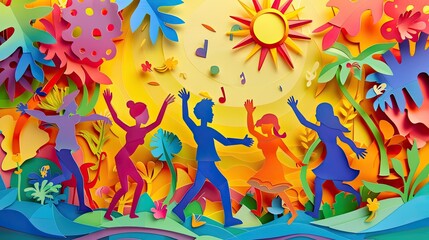 Papercut art of a family at a music festival, dancing and enjoying music, crafted from colorful paper.