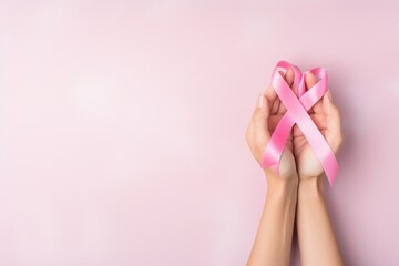 The image shows the hands of a person holding a pink ribbon. The pink ribbon is a symbol of breast cancer awareness. The image is taken from a top view.
