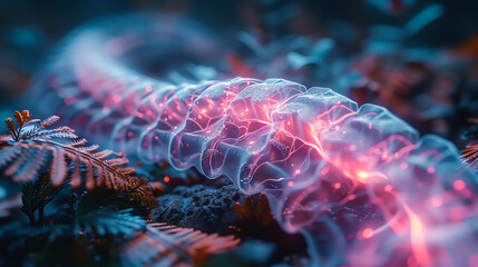 The image shows a glowing, bioluminescent centipede-like creature crawling through a forest at night.