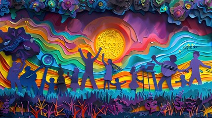 Papercut art of a family at a music festival, dancing and enjoying music, crafted from colorful paper.