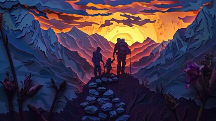 Papercut art of a family hiking in the mountains, with a trail of paper stones and a sunset in the background.