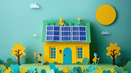 Papercut art of a family installing solar panels on their home roof, depicted with bright yellow and blue papers.