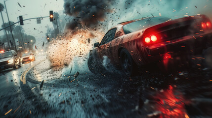 High-speed car drifts around a corner with splashing water on a rainy city street after dark