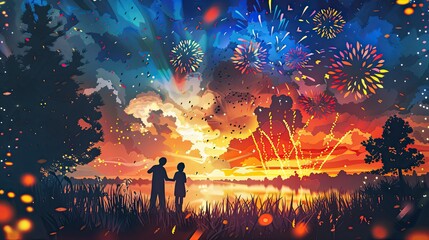 Papercut art of a family watching fireworks, with vibrant paper explosions in the sky, reflecting joy and celebration.