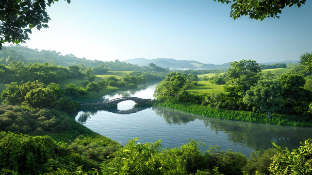 Serene River and Bridge in a Picturesque Landscape