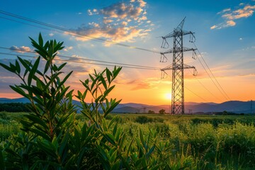 Obraz premium Dramatic silhouette of high voltage electric tower against vibrant sunset sky backdrop