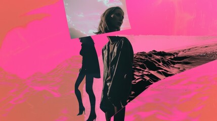 Collage art woman with a pink background and a photo of a desert landscape design - obrazy, fototapety, plakaty