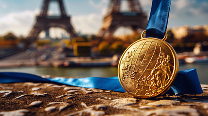 Close up of gold medal with blurry Eiffel tower background. Olympic games concept.
