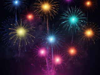 Fototapeta premium Colorful vibrant glittering fireworks Background with glow smoke and confetti banner ai generative
