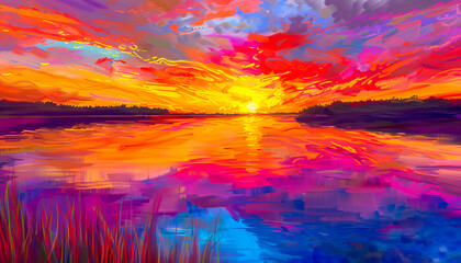 Vibrant Sunset Reflections on Serene Lake
