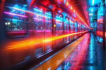 Fototapeta premium A subway train speeds through a station, casting a colorful glow on the platform