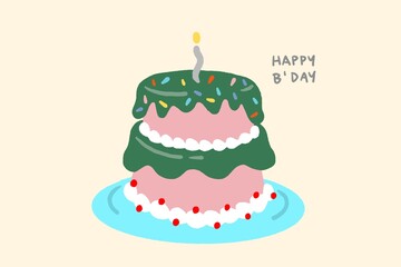 a pink and green birthday cake with candle on bright yellow background , minimal greeting card, illustration birthday card with blessings word.