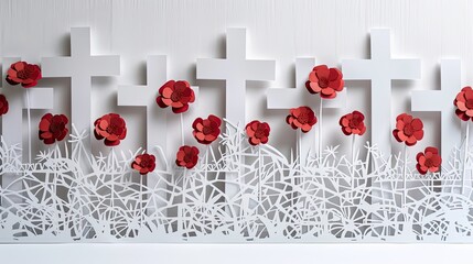 Papercut art of a military cemetery with rows of white crosses, each adorned with a small paper poppy.