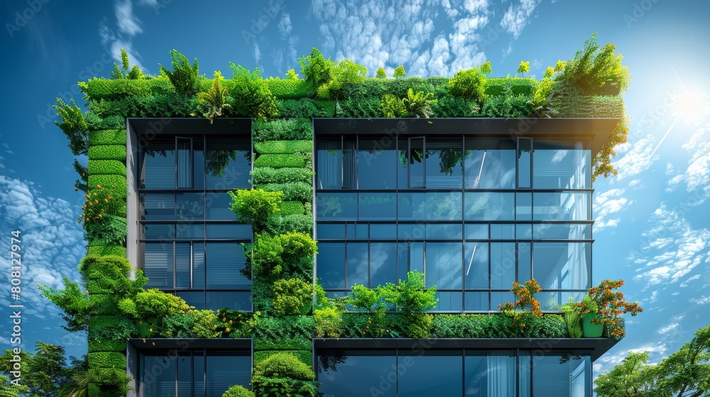 Wall mural A glass building covered in green ivy with a blue sky in the background