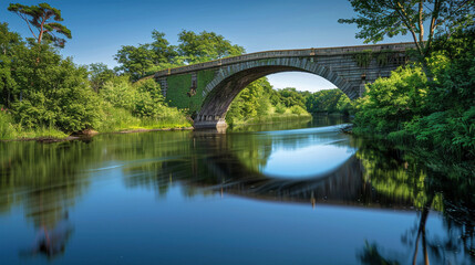 Fototapeta premium Serene River Landscape with Bridge under Blue Sky