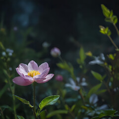 Obraz premium a pink flower that is in the middle of some green leaves