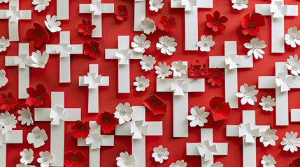 Fototapeta premium Papercut art of a military cemetery with rows of white crosses, each adorned with a small paper poppy.