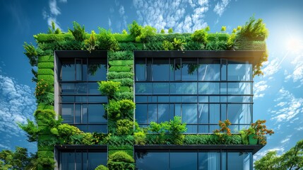A glass building covered in green ivy with a blue sky in the background