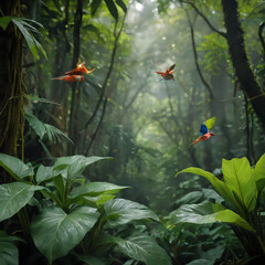 a many birds flying in the air in the jungle