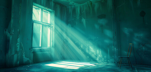 Gentle sunlight in a retro cyan room, reminiscent of vintage charm.