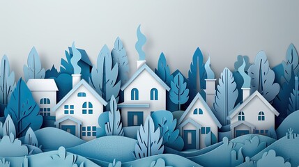 Papercut art of a suburban area with houses using natural gas, depicted by blue and gray paper flames.