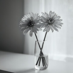a two white flowers in a glass vase on a table