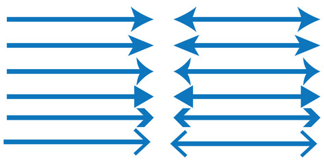 Blue horizontal straight arrow. Thin long arrow vector icon. Right thin line, blue cursor, horizontal arrow long vector element