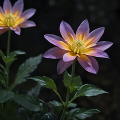 purple and yellow flowers with green leaves in a dark room